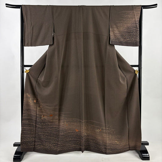 付下 身長167.5cm 袖長65.5cm M 雙層 檜扇子 草花紋紋 刺繡 金糸 焦茶 純蠶絲 秀品級