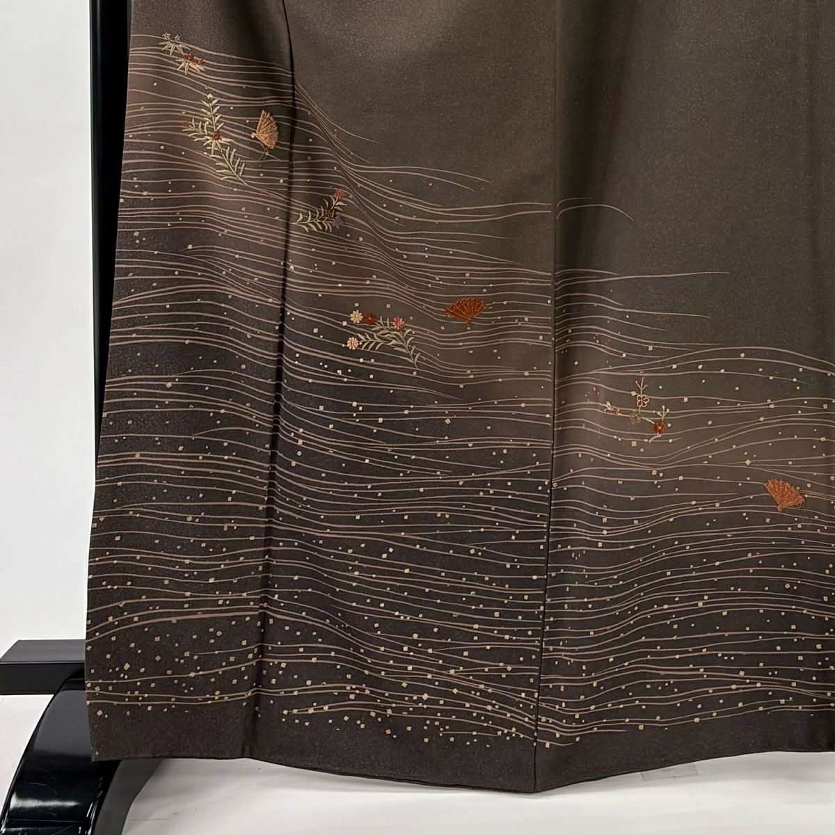 付下 身長167.5cm 袖長65.5cm M 雙層 檜扇子 草花紋紋 刺繡 金糸 焦茶 純蠶絲 秀品級
