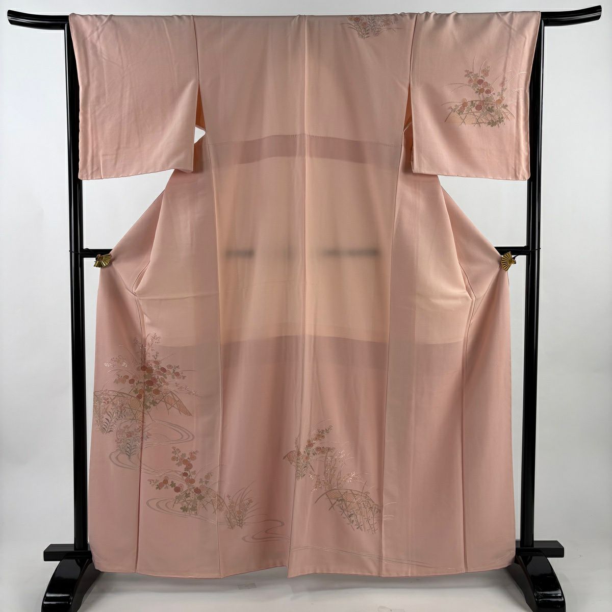 【美品】 付下 身長163.5cm 袖長66cm M 雙層 秋草 流水 汕頭刺繡 粉紅 純蠶絲 秀品級
