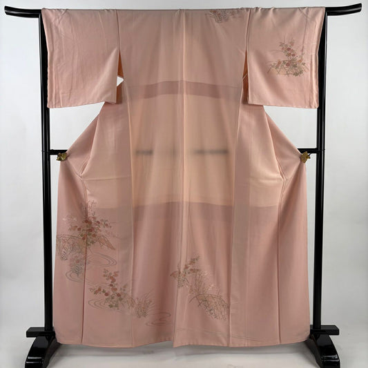 【美品】 付下 身長163.5cm 袖長66cm M 雙層 秋草 流水 汕頭刺繡 粉紅 純蠶絲 秀品級