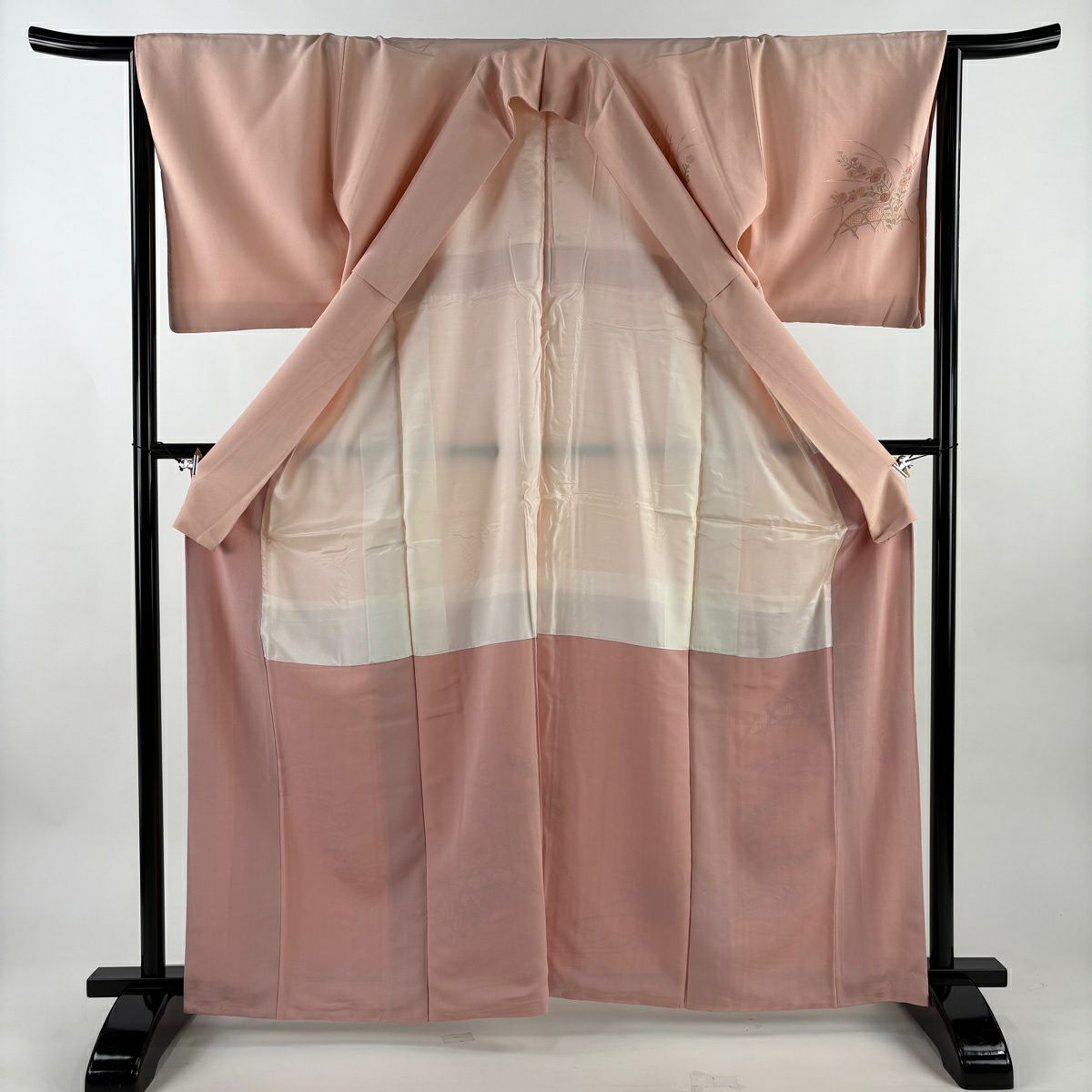【美品】 付下 身長163.5cm 袖長66cm M 雙層 秋草 流水 汕頭刺繡 粉紅 純蠶絲 秀品級
