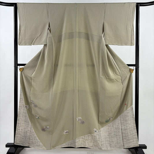 【美品】 留袖禮服禮服 身長161.5cm 袖長63cm S 雙層 松樹尾光琳 落款あり 人物 源氏歌仙圖 金銀彩 銀糸 灰綠 純蠶絲 秀品級 一つ紋