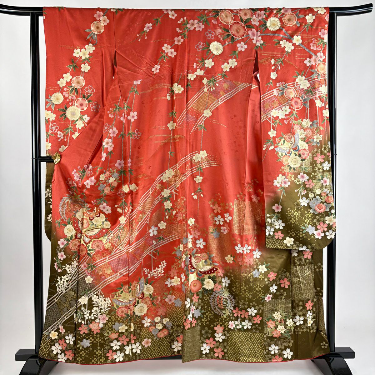 振袖禮服 身長160.5cm 袖長62.5cm S 雙層 蝶 櫻花 金絲 金銀彩 鮭粉色 純蠶絲 秀品級
