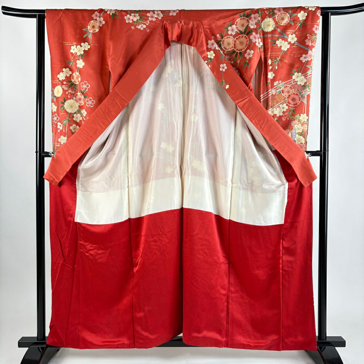 振袖禮服 身長160.5cm 袖長62.5cm S 雙層 蝶 櫻花 金絲 金銀彩 鮭粉色 純蠶絲 秀品級