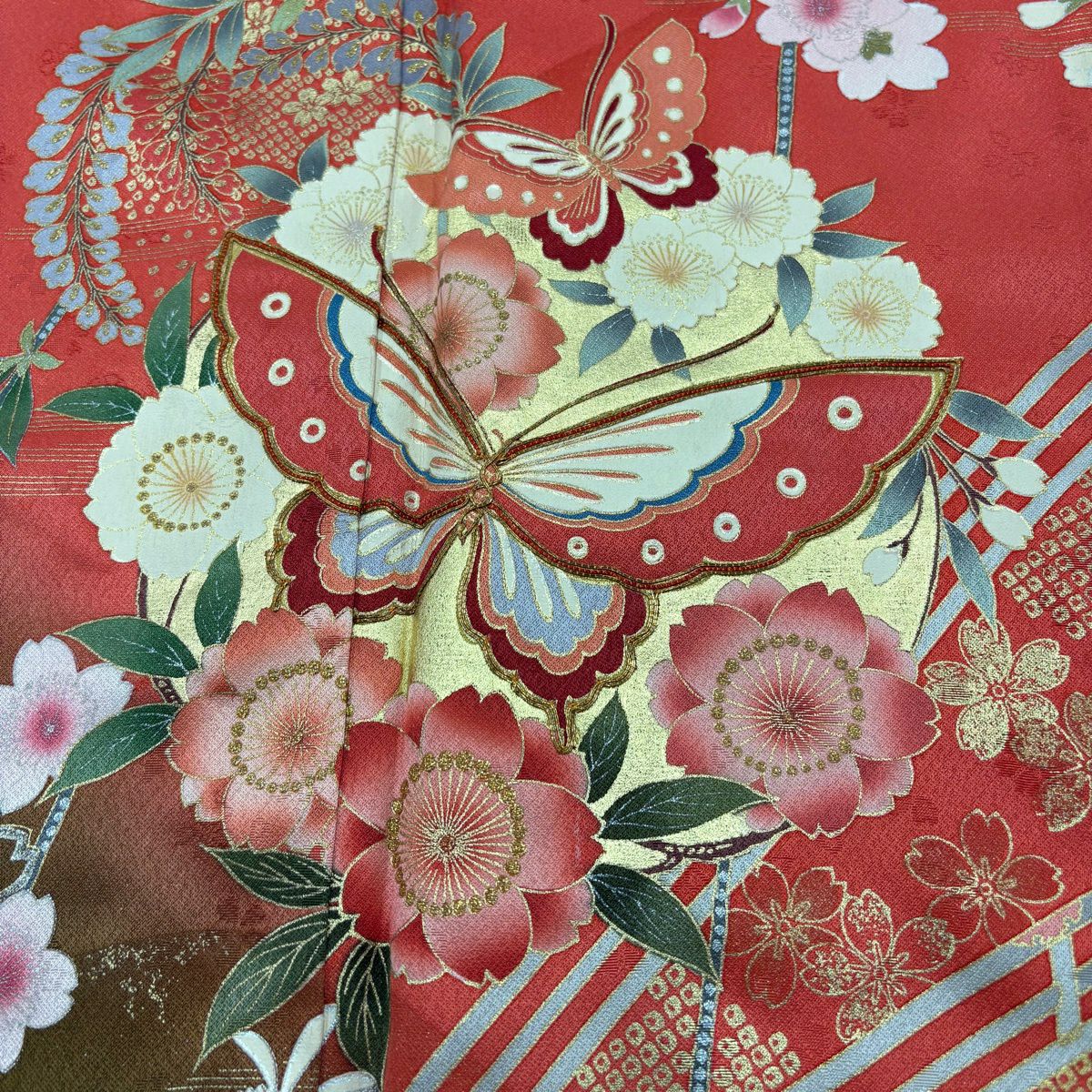 振袖禮服 身長160.5cm 袖長62.5cm S 雙層 蝶 櫻花 金絲 金銀彩 鮭粉色 純蠶絲 秀品級