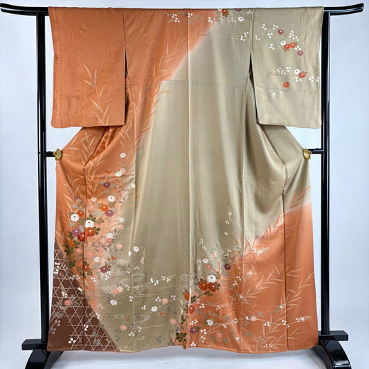 訪問服 身長162cm 袖長63cm S 雙層 菊花 流水 金彩裝飾 刺繡 橙色 純蠶絲 秀品級