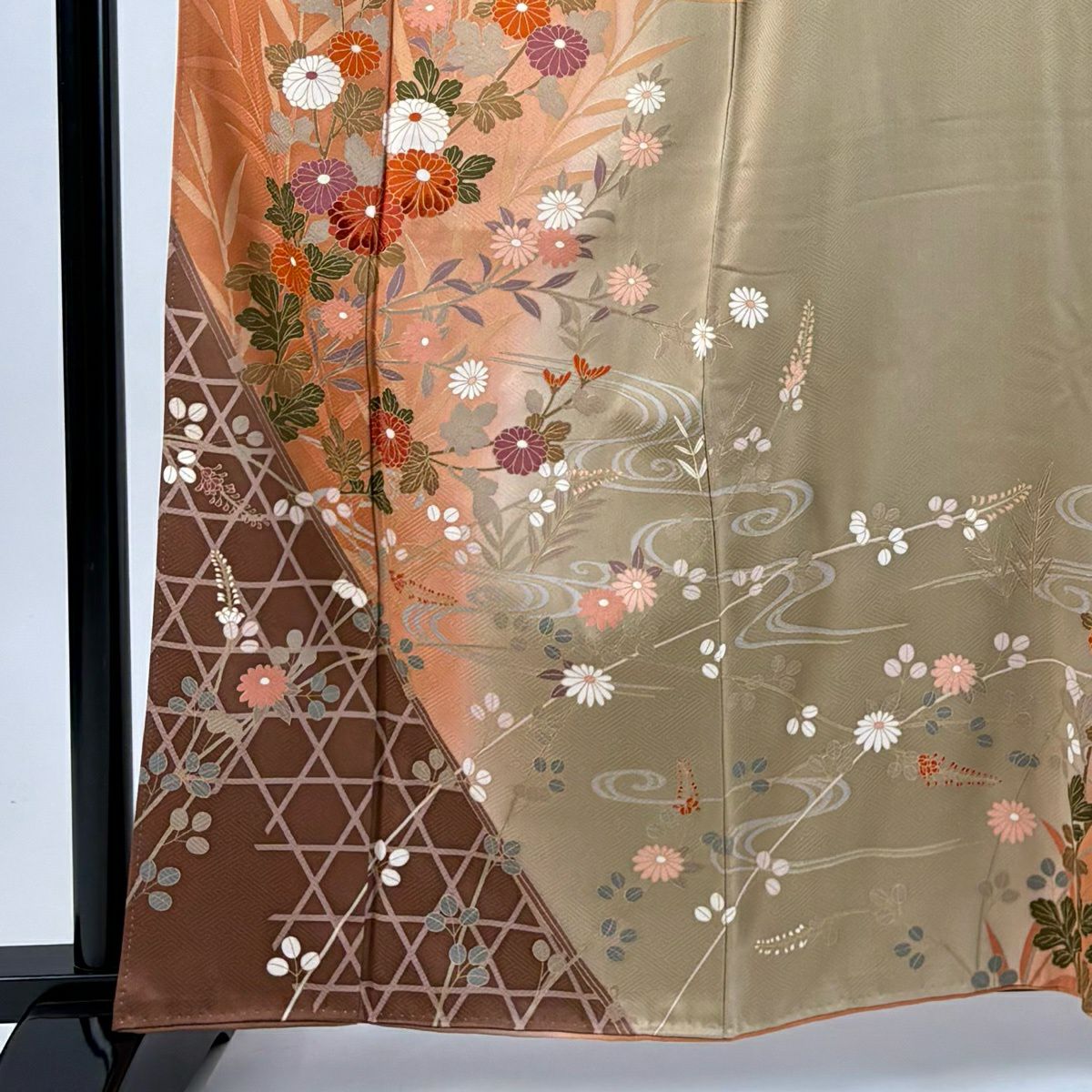 訪問服 身長162cm 袖長63cm S 雙層 菊花 流水 金彩裝飾 刺繡 橙色 純蠶絲 秀品級