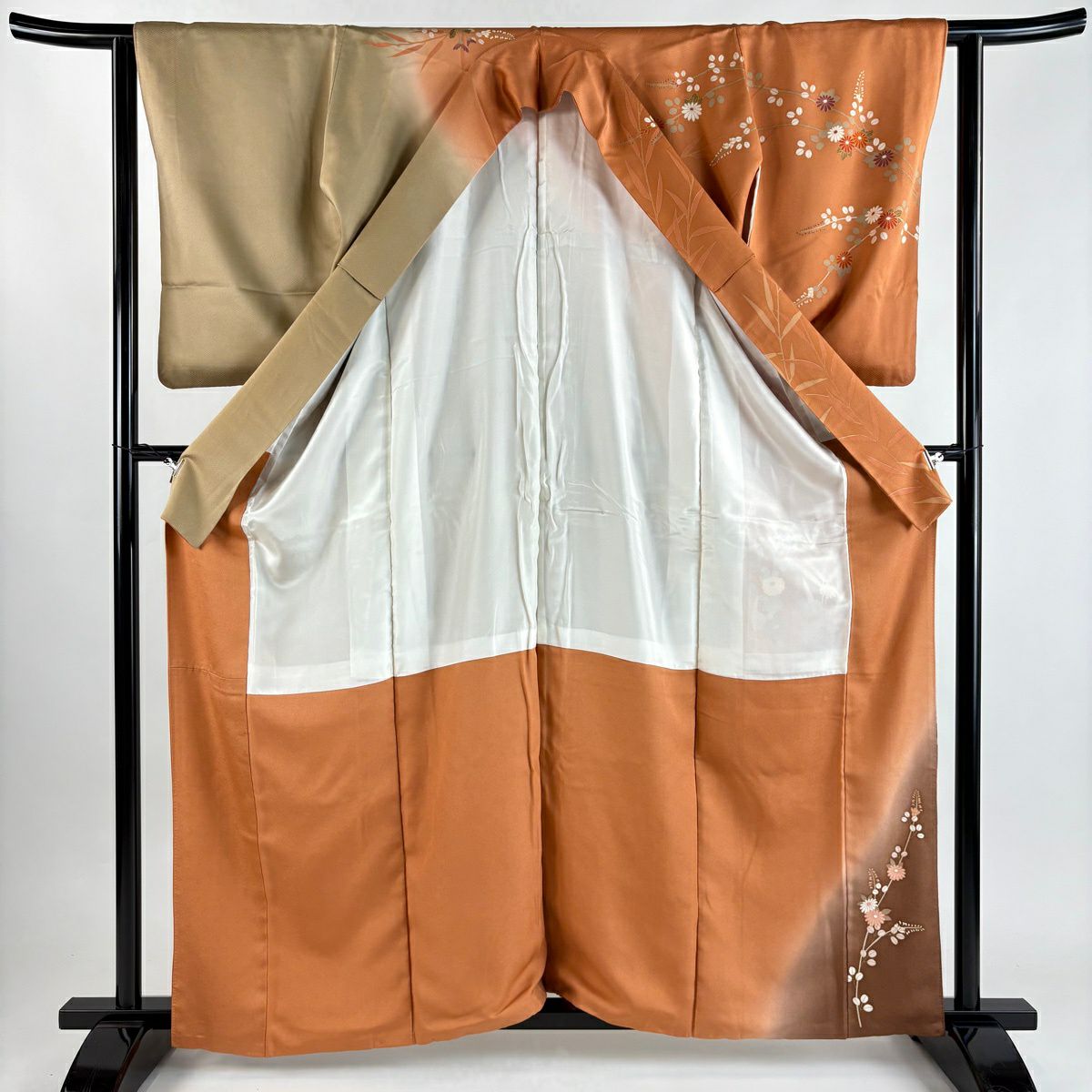 訪問服 身長162cm 袖長63cm S 雙層 菊花 流水 金彩裝飾 刺繡 橙色 純蠶絲 秀品級