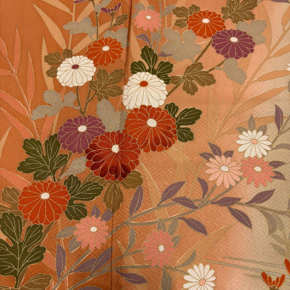 訪問服 身長162cm 袖長63cm S 雙層 菊花 流水 金彩裝飾 刺繡 橙色 純蠶絲 秀品級