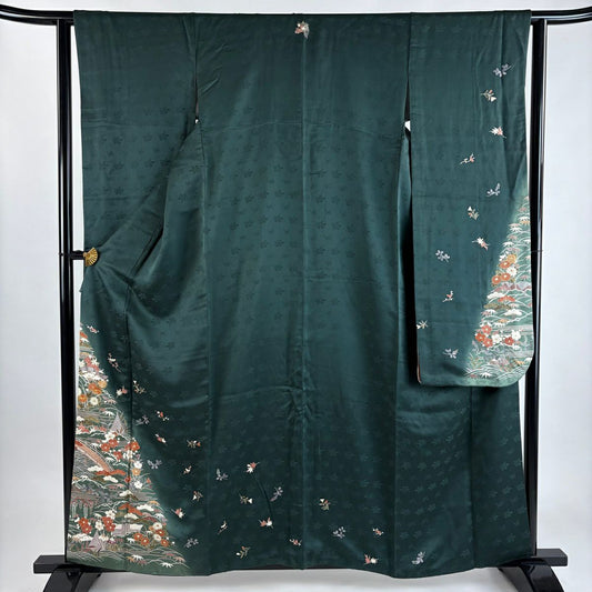 振袖禮服 身長158.5cm 袖長62.5cm S 雙層 松樹竹子梅花 橋 金絲 金銀彩 深綠 純蠶絲 秀品級 一個紋