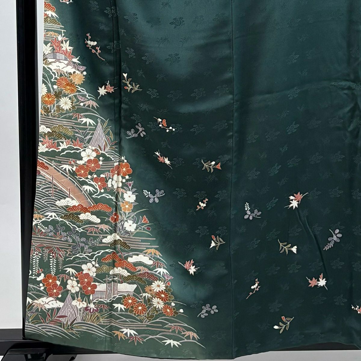 振袖禮服 身長158.5cm 袖長62.5cm S 雙層 松樹竹子梅花 橋 金絲 金銀彩 深綠 純蠶絲 秀品級 一個紋