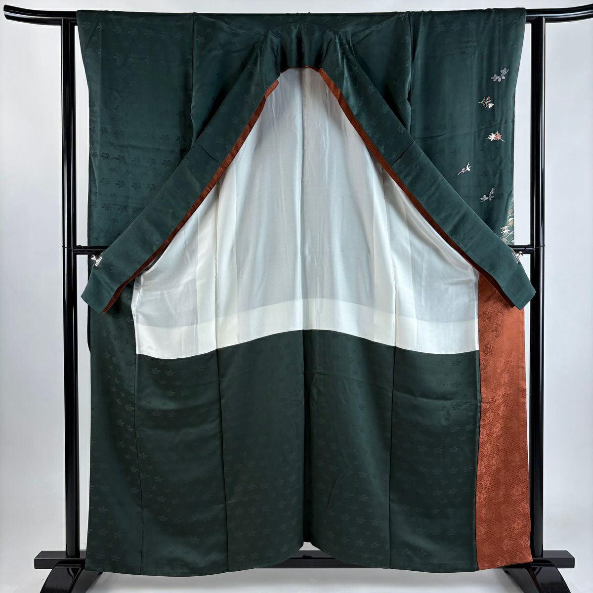 振袖禮服 身長158.5cm 袖長62.5cm S 雙層 松樹竹子梅花 橋 金絲 金銀彩 深綠 純蠶絲 秀品級 一個紋