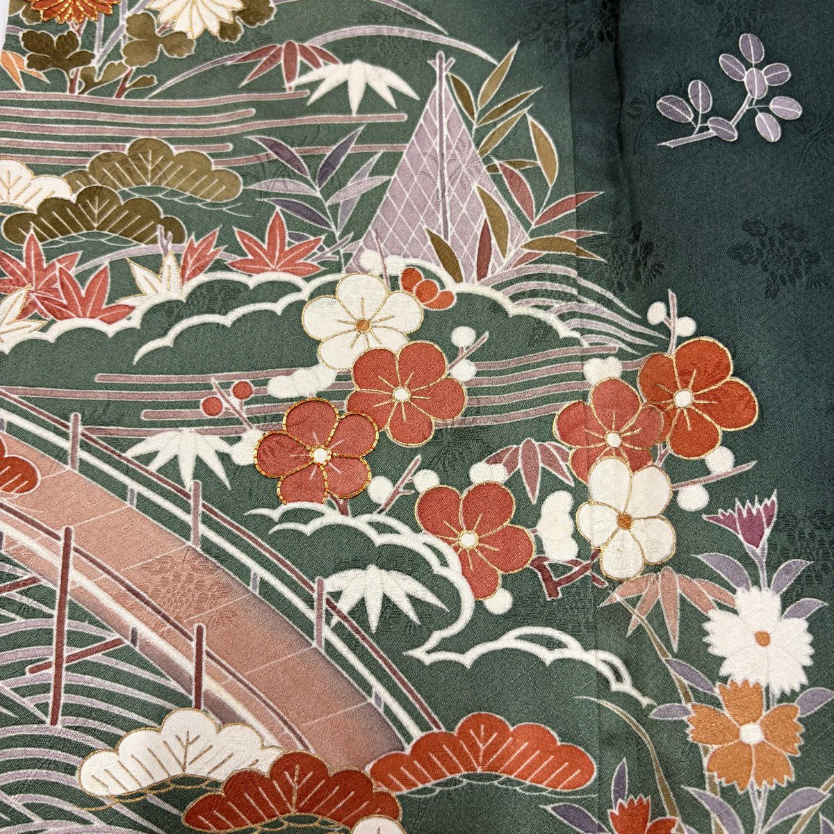 振袖禮服 身長158.5cm 袖長62.5cm S 雙層 松樹竹子梅花 橋 金絲 金銀彩 深綠 純蠶絲 秀品級 一個紋