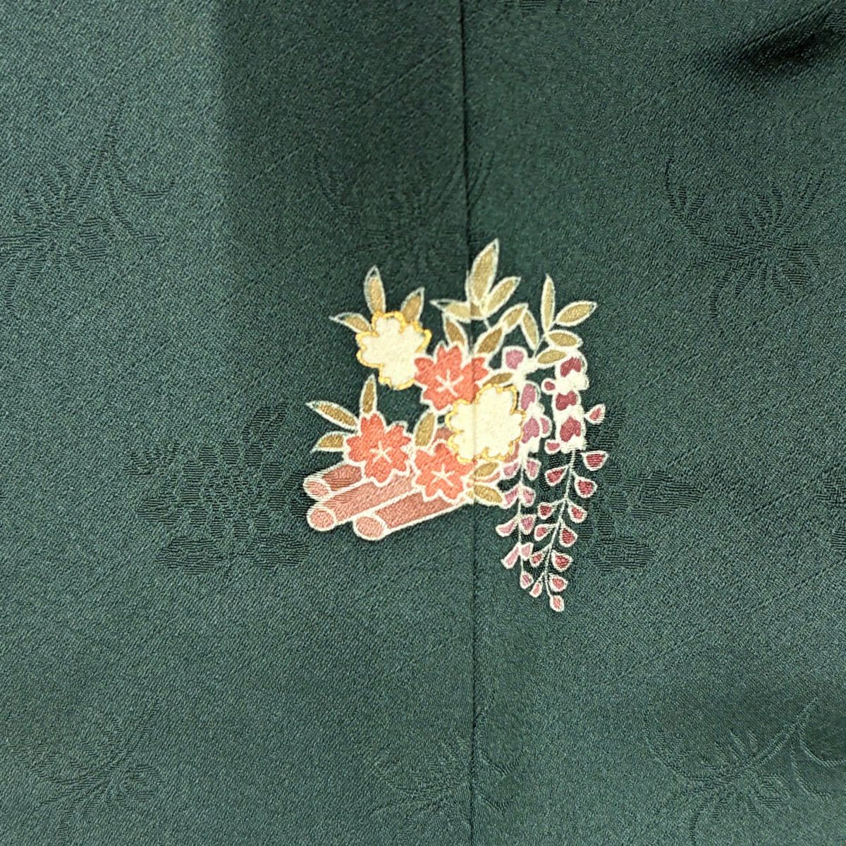 振袖禮服 身長158.5cm 袖長62.5cm S 雙層 松樹竹子梅花 橋 金絲 金銀彩 深綠 純蠶絲 秀品級 一個紋