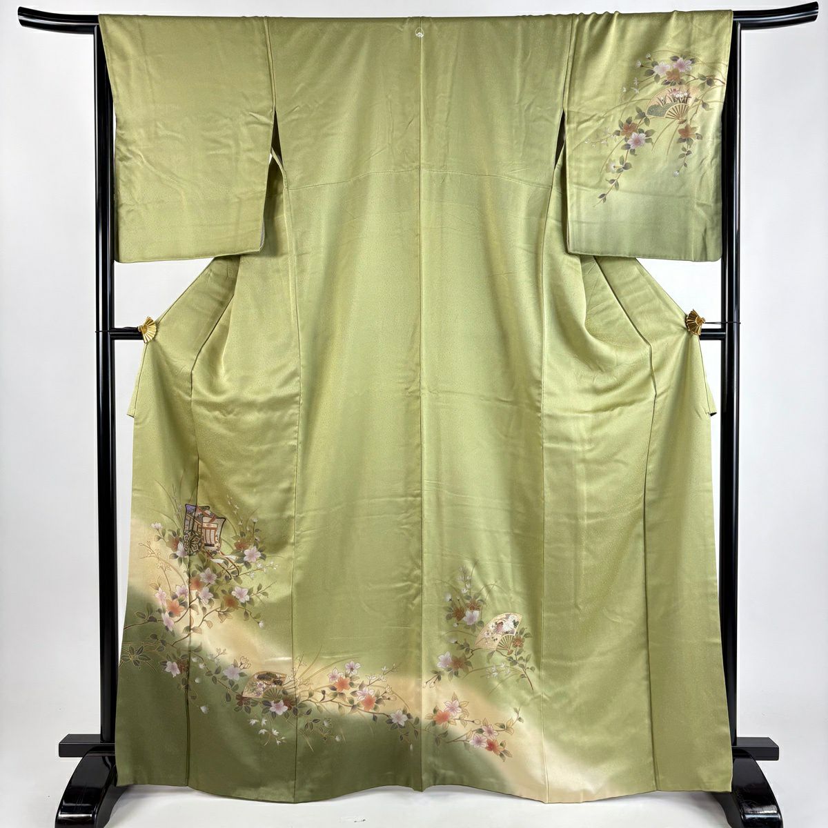 訪問服 身長167cm 袖長67cm M 雙層 御所車 枝花 金彩裝飾 漸層 鶯 棉絲 優品級 一個紋