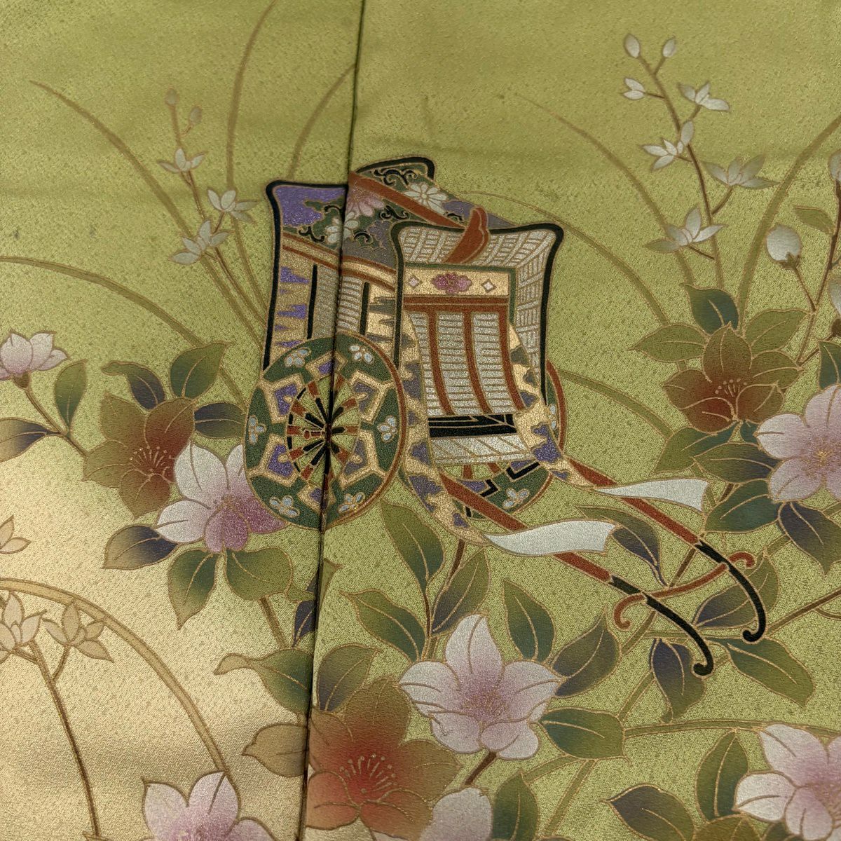 訪問服 身長167cm 袖長67cm M 雙層 御所車 枝花 金彩裝飾 漸層 鶯 棉絲 優品級 一個紋