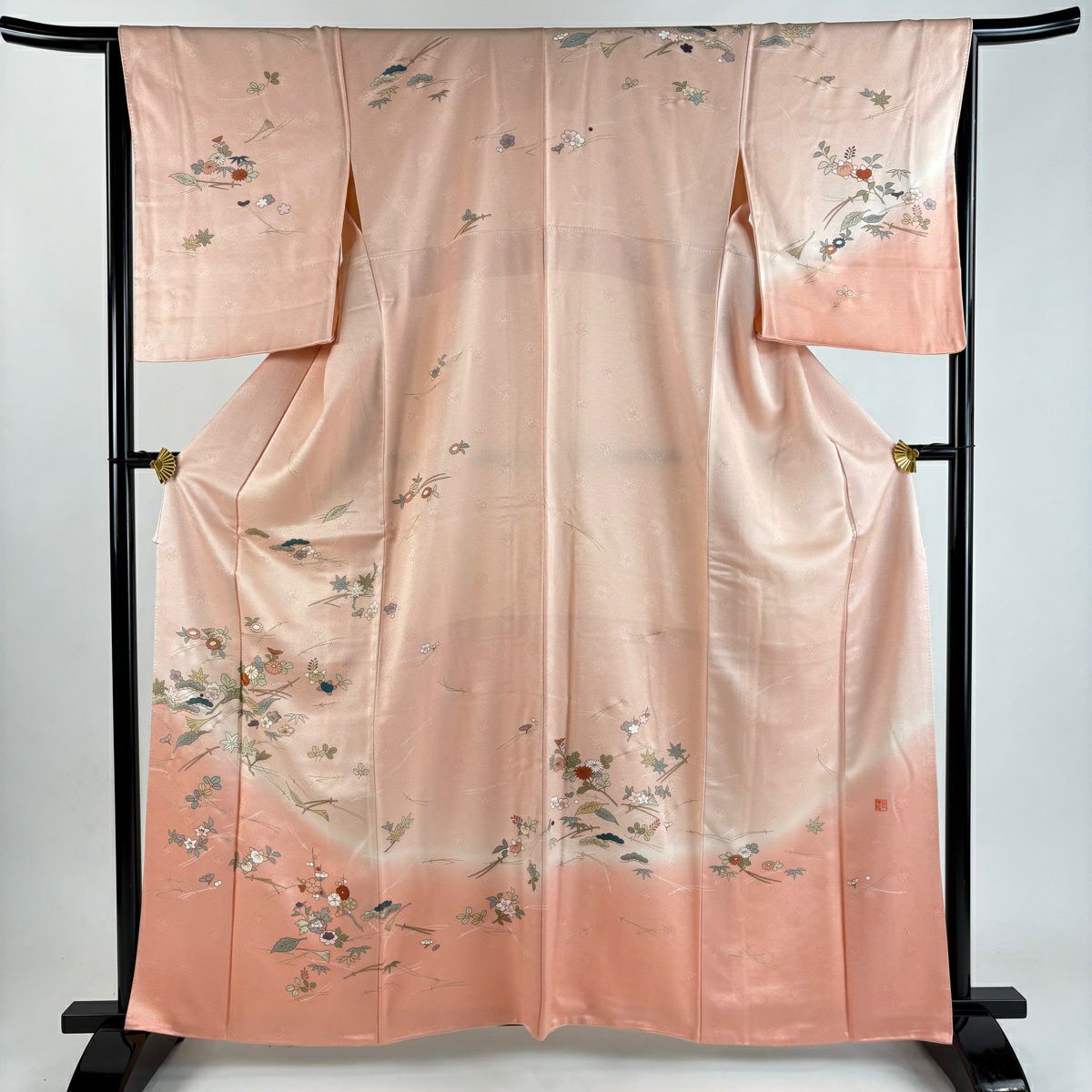 訪問服 身長163cm 袖長66cm M 雙層 落款有 吹寄 松樹竹子梅花 金絲 金銀彩 淺粉色 純蠶絲 優品級