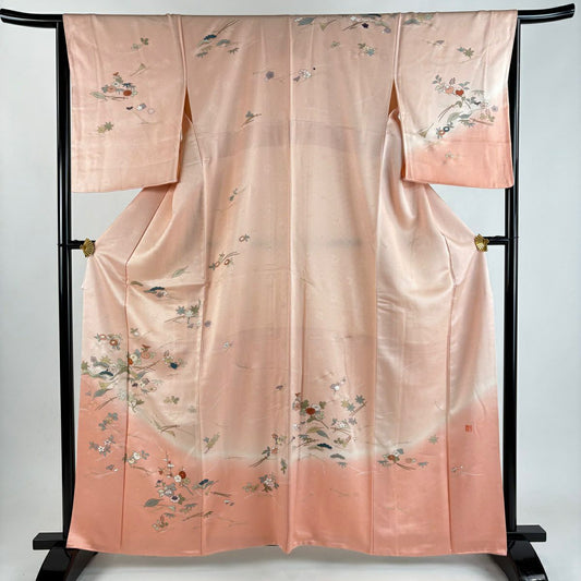 訪問服 身長163cm 袖長66cm M 雙層 落款有 吹寄 松樹竹子梅花 金絲 金銀彩 淺粉色 純蠶絲 優品級