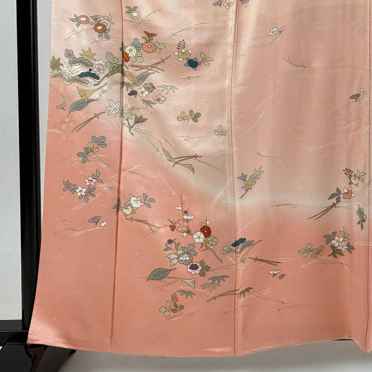 訪問服 身長163cm 袖長66cm M 雙層 落款有 吹寄 松樹竹子梅花 金絲 金銀彩 淺粉色 純蠶絲 優品級