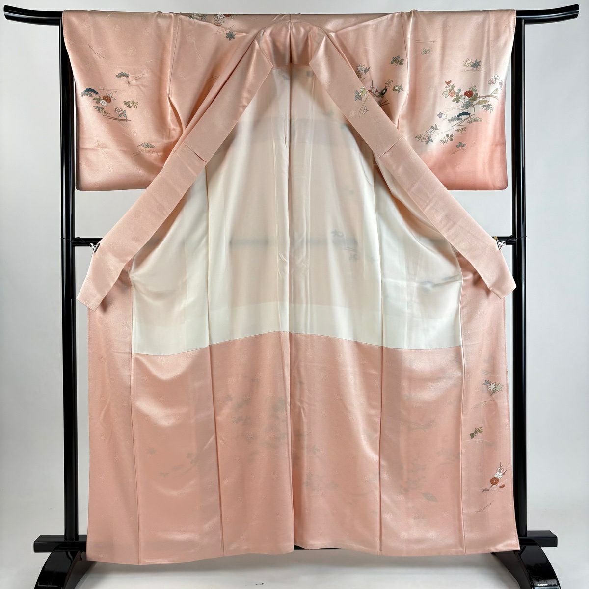 訪問服 身長163cm 袖長66cm M 雙層 落款有 吹寄 松樹竹子梅花 金絲 金銀彩 淺粉色 純蠶絲 優品級