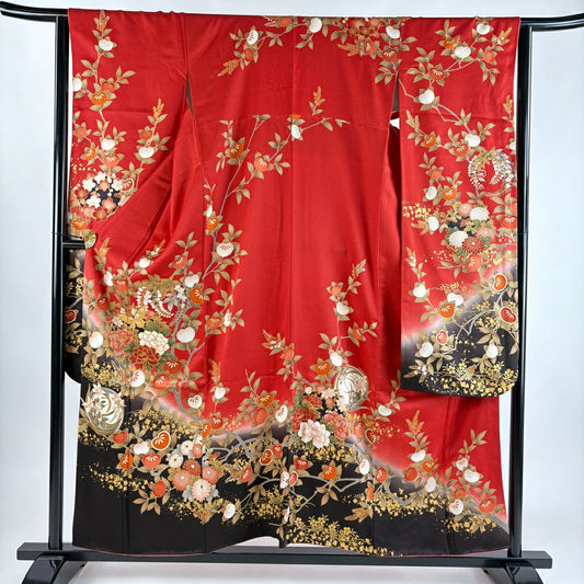 【美品】振袖禮服 身長156.5cm 袖長63.5cm S 雙層 花丸紋 蝶 金絲 金銀彩 紅 純蠶絲 秀品級