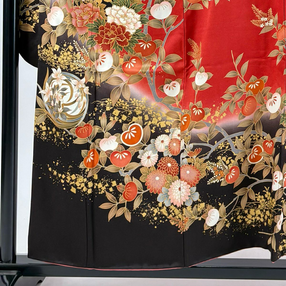 【美品】振袖禮服 身長156.5cm 袖長63.5cm S 雙層 花丸紋 蝶 金絲 金銀彩 紅 純蠶絲 秀品級