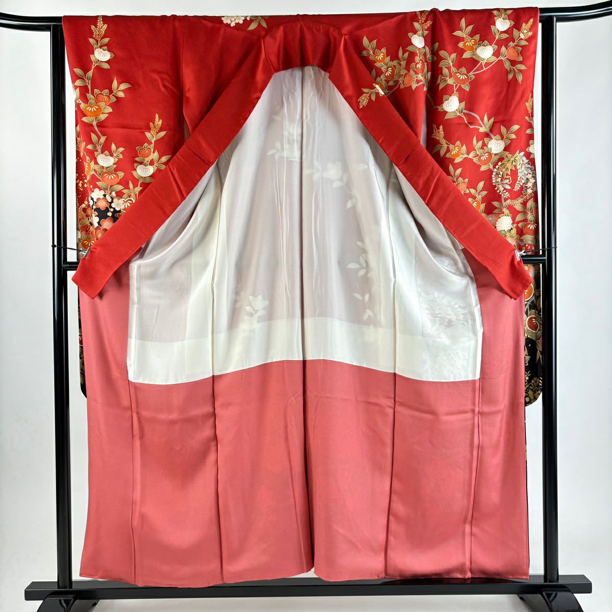 【美品】振袖禮服 身長156.5cm 袖長63.5cm S 雙層 花丸紋 蝶 金絲 金銀彩 紅 純蠶絲 秀品級