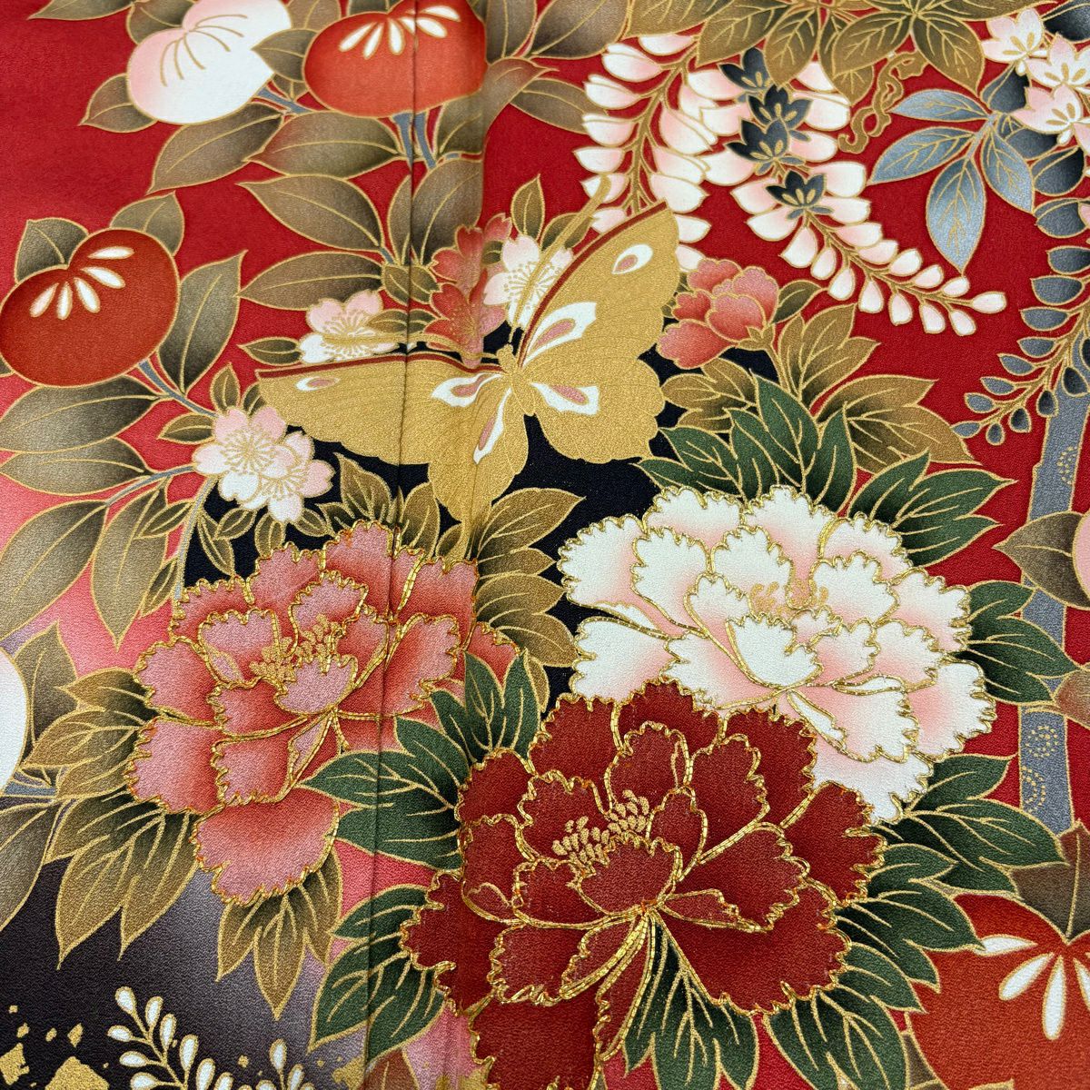【美品】振袖禮服 身長156.5cm 袖長63.5cm S 雙層 花丸紋 蝶 金絲 金銀彩 紅 純蠶絲 秀品級