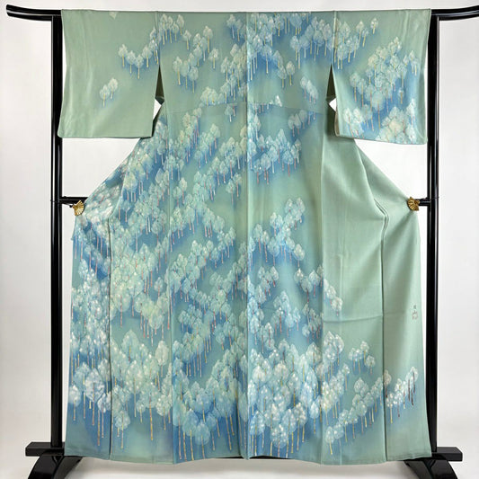 付下 身長161.5cm 袖長63.5cm S 雙層 落款有 樹木 漸層 薄青綠 純蠶絲 優品級