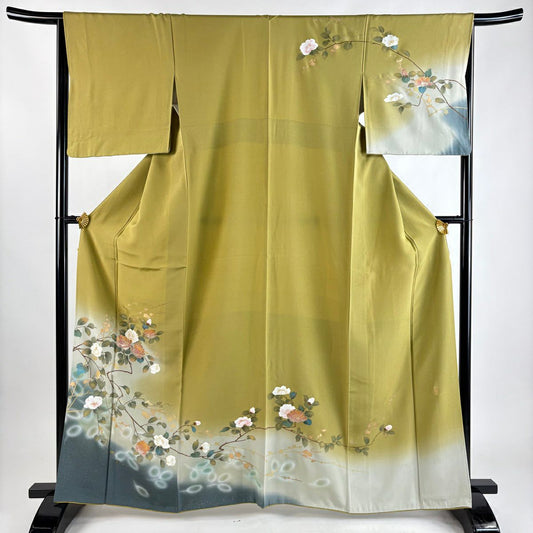 訪問服 身長163.5cm 袖長65.5cm M 雙層 落款有 枝花 枝梅花 金銀彩 漸層 鶯色 純蠶絲 優品級