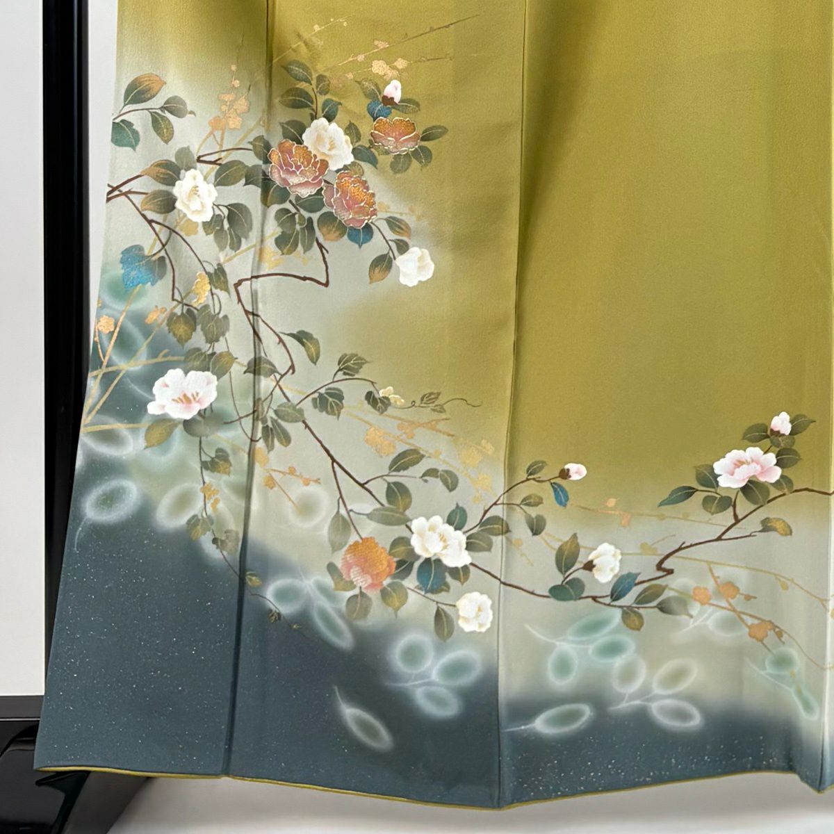 訪問服 身長163.5cm 袖長65.5cm M 雙層 落款有 枝花 枝梅花 金銀彩 漸層 鶯色 純蠶絲 優品級