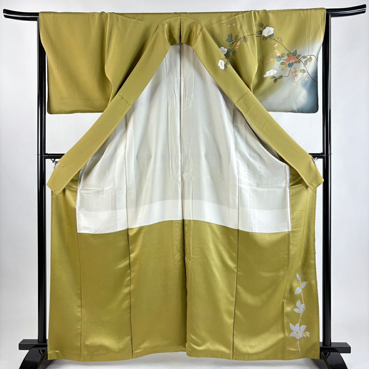 訪問服 身長163.5cm 袖長65.5cm M 雙層 落款有 枝花 枝梅花 金銀彩 漸層 鶯色 純蠶絲 優品級