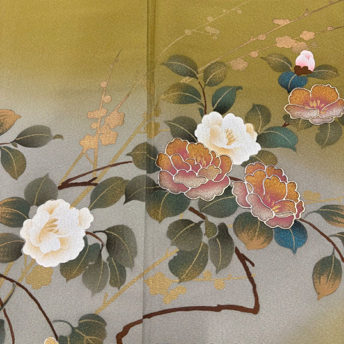 訪問服 身長163.5cm 袖長65.5cm M 雙層 落款有 枝花 枝梅花 金銀彩 漸層 鶯色 純蠶絲 優品級