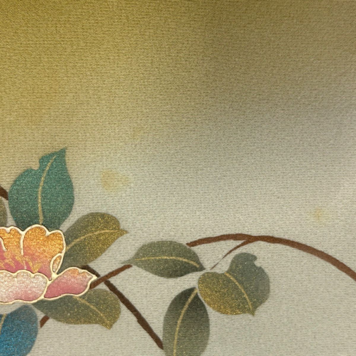 訪問服 身長163.5cm 袖長65.5cm M 雙層 落款有 枝花 枝梅花 金銀彩 漸層 鶯色 純蠶絲 優品級