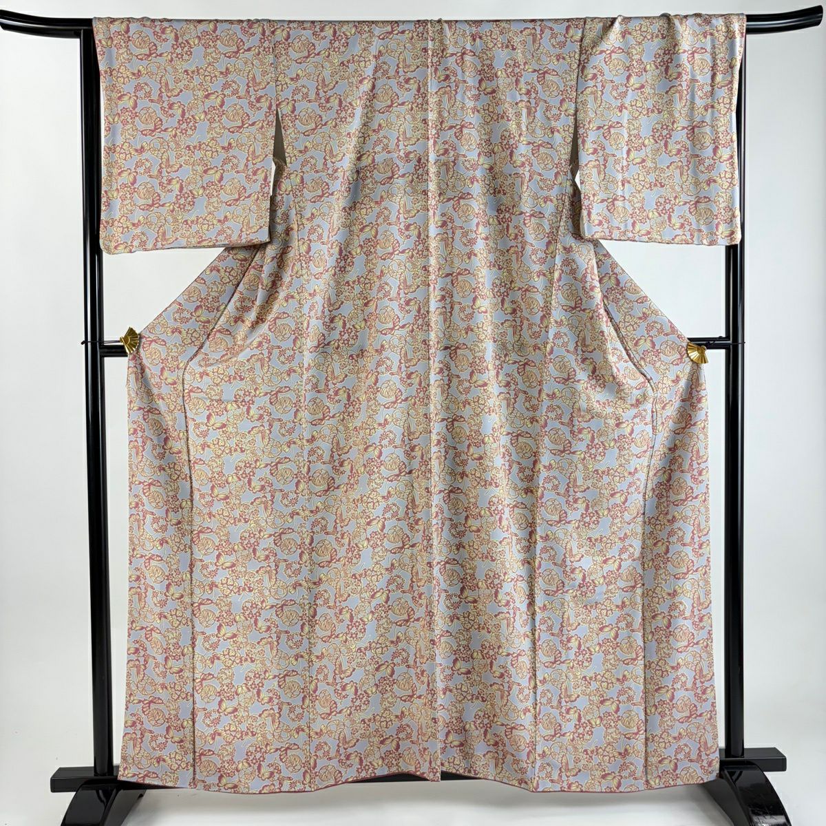 【美品】 小紋 身長161cm 袖長67.5cm L 雙層 落款あり 蝶 花丸紋 灰色 純蠶絲 秀品級