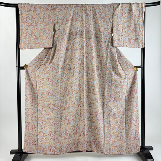 【美品】 小紋 身長161cm 袖長67.5cm L 雙層 落款あり 蝶 花丸紋 灰色 純蠶絲 秀品級