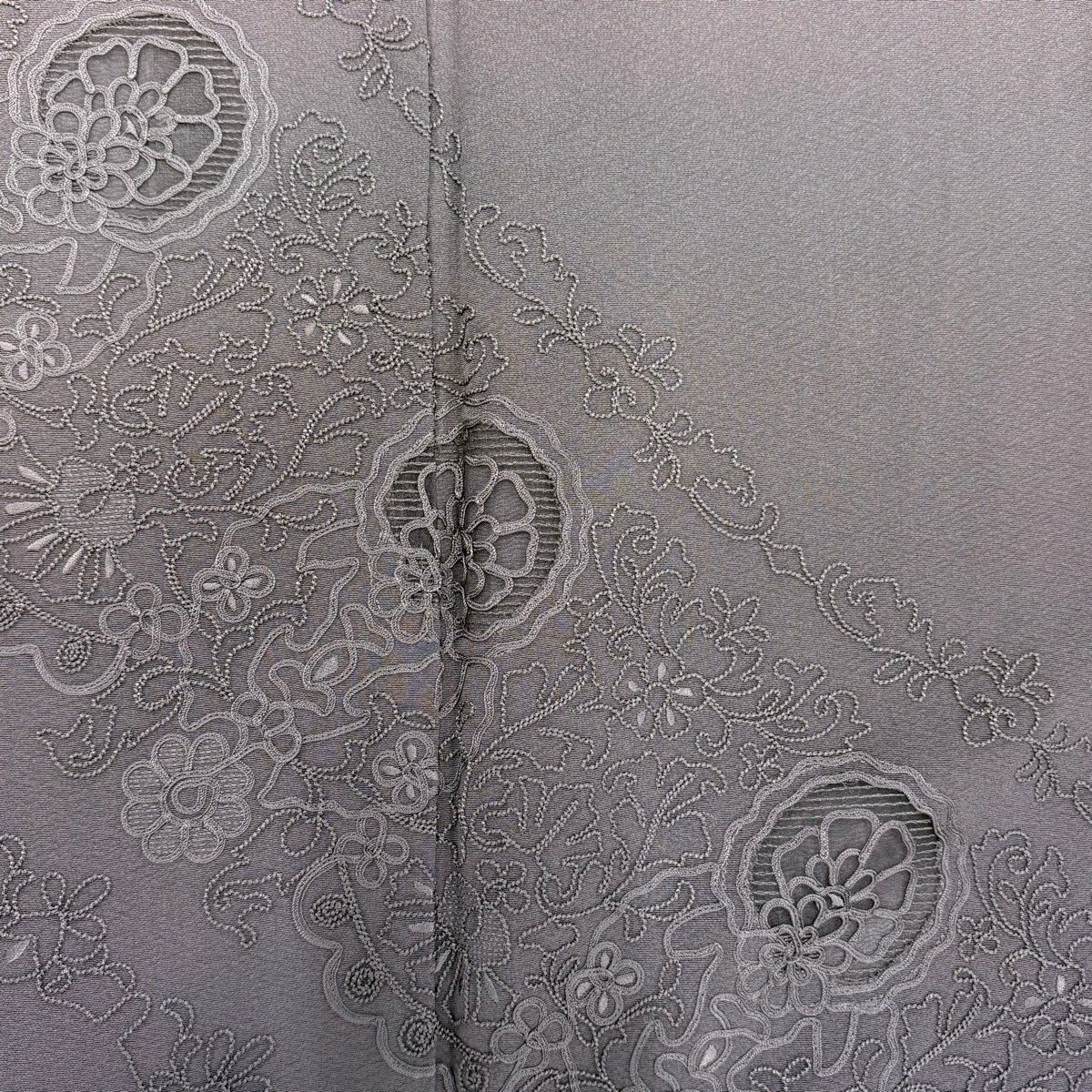 付下 身長154cm 袖長61.5cm S 雙層 草花紋紋 刺繡 漸層 灰紫 純蠶絲 優品級