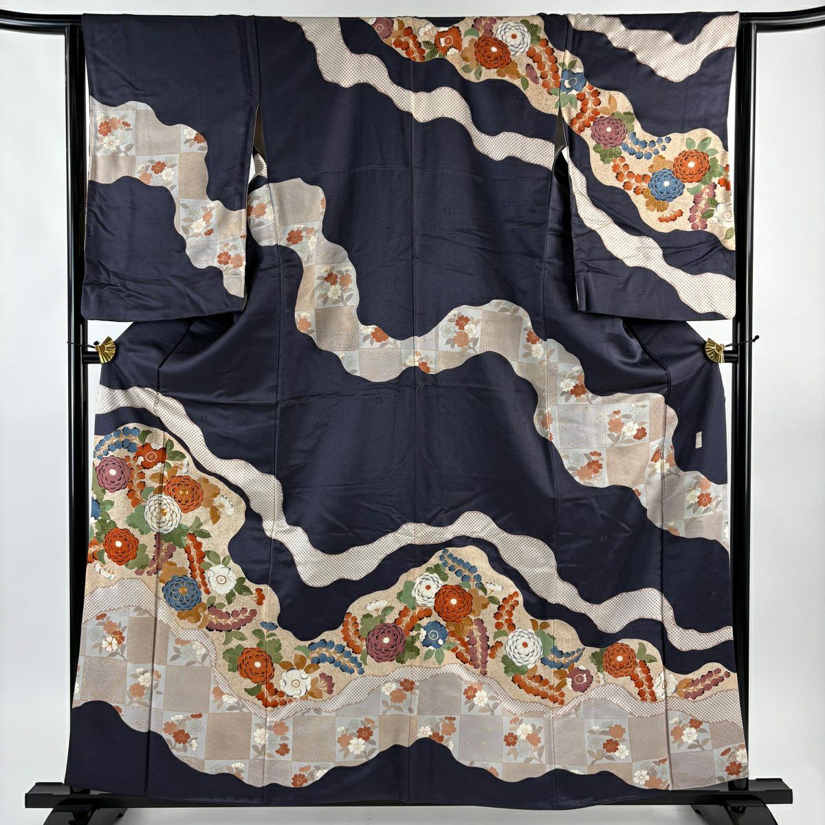 訪問服 身長160cm 袖長64cm M 雙層 吾妻德穗 落款あり 菊花 草花紋 金絲 金銀彩 深藍 純蠶絲 秀品級