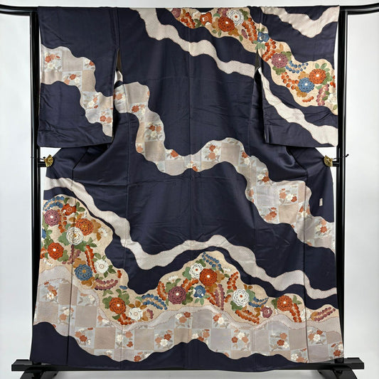 訪問服 身長160cm 袖長64cm M 雙層 吾妻德穗 落款あり 菊花 草花紋 金絲 金銀彩 深藍 純蠶絲 秀品級