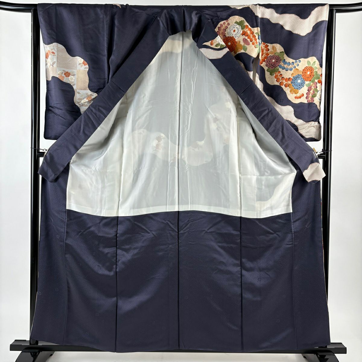 訪問服 身長160cm 袖長64cm M 雙層 吾妻德穗 落款あり 菊花 草花紋 金絲 金銀彩 深藍 純蠶絲 秀品級