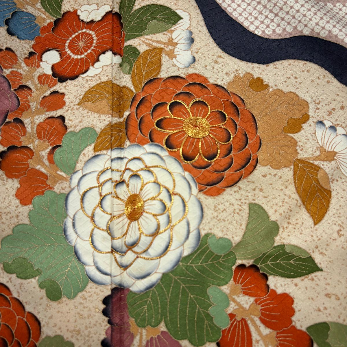 訪問服 身長160cm 袖長64cm M 雙層 吾妻德穗 落款あり 菊花 草花紋 金絲 金銀彩 深藍 純蠶絲 秀品級
