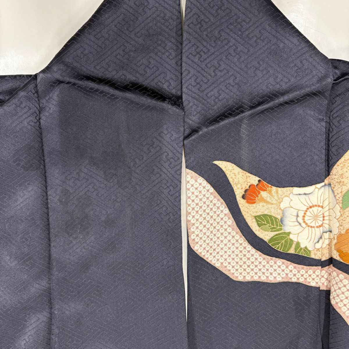 訪問服 身長160cm 袖長64cm M 雙層 吾妻德穗 落款あり 菊花 草花紋 金絲 金銀彩 深藍 純蠶絲 秀品級
