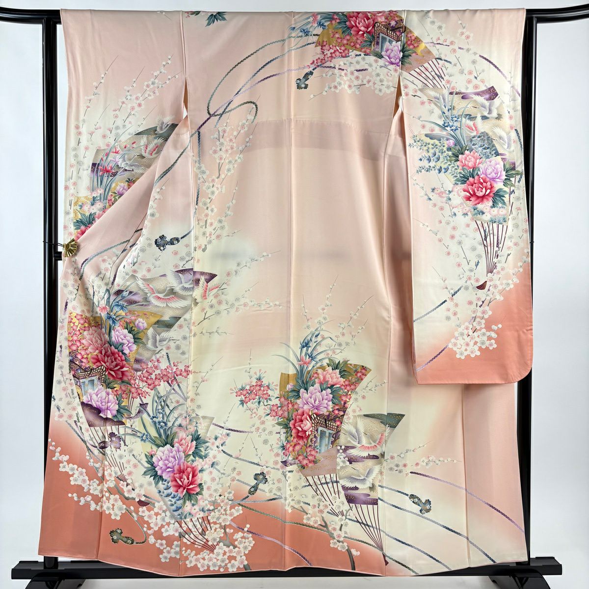 振袖禮服 身長159cm 袖長63cm S 雙層 扇子 花鳥 金彩裝飾 漸層 淺粉色 純蠶絲 優品級