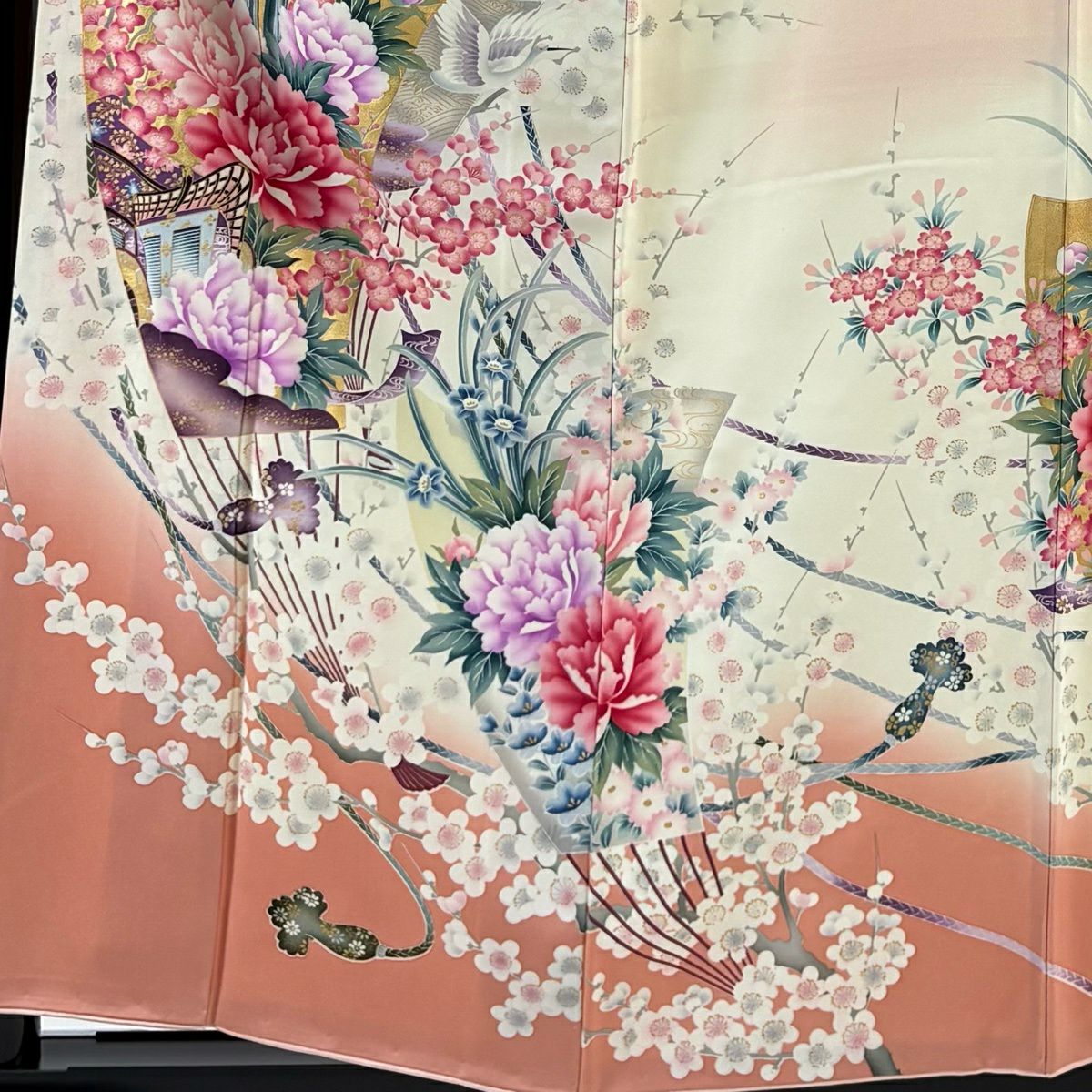 振袖禮服 身長159cm 袖長63cm S 雙層 扇子 花鳥 金彩裝飾 漸層 淺粉色 純蠶絲 優品級