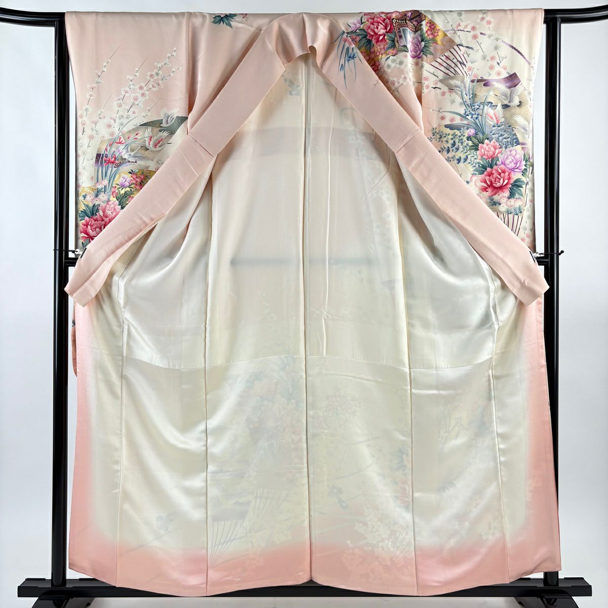 振袖禮服 身長159cm 袖長63cm S 雙層 扇子 花鳥 金彩裝飾 漸層 淺粉色 純蠶絲 優品級