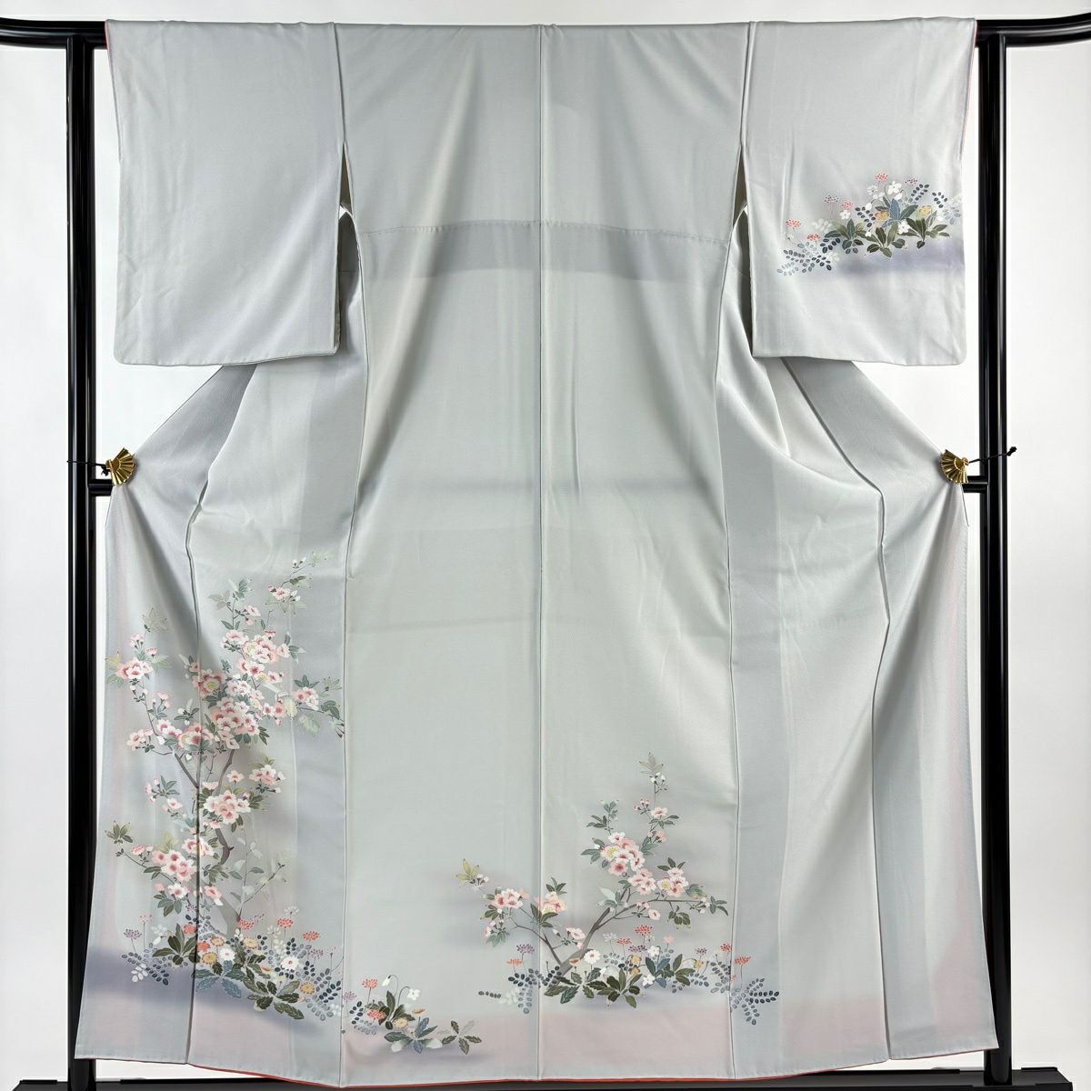 訪問服 身長157cm 袖長62cm S 雙層 櫻 草花紋紋 漸層 灰色 純蠶絲 秀品級