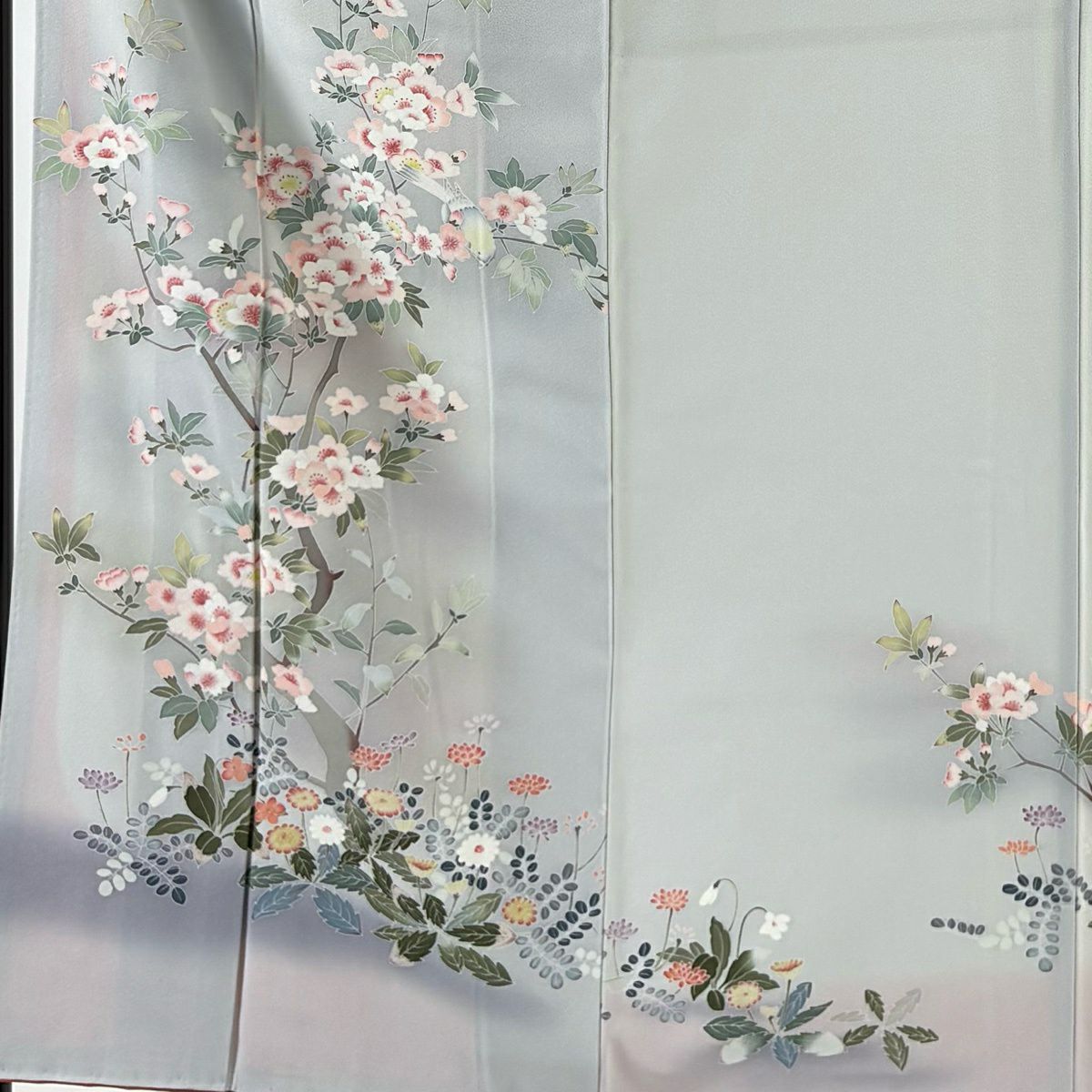 訪問服 身長157cm 袖長62cm S 雙層 櫻 草花紋紋 漸層 灰色 純蠶絲 秀品級