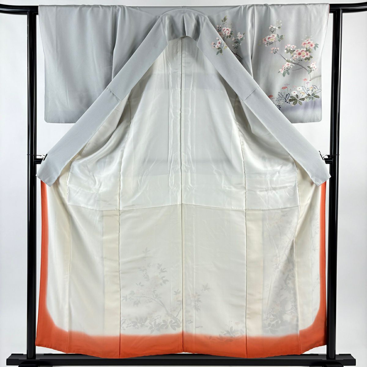 訪問服 身長157cm 袖長62cm S 雙層 櫻 草花紋紋 漸層 灰色 純蠶絲 秀品級