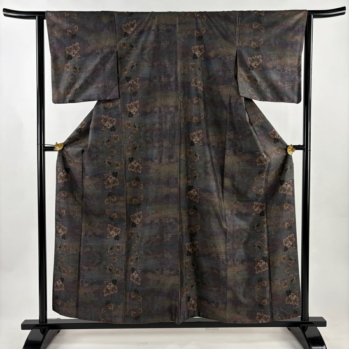 紬織 身長157cm 袖長62.5cm S 雙層 草花紋 灰紫 純蠶絲 秀品級