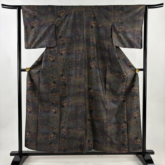 紬織 身長157cm 袖長62.5cm S 雙層 草花紋 灰紫 純蠶絲 秀品級